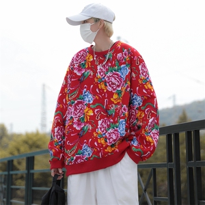 B203常规圆领大花大码卫衣外套男春装休闲黑红色套头衫潮团队服潮图片