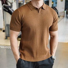 老钱风纯色条纹V领针织男短袖翻领上午冰丝Polo衫75010/P48，男装Polo衫，电商A243