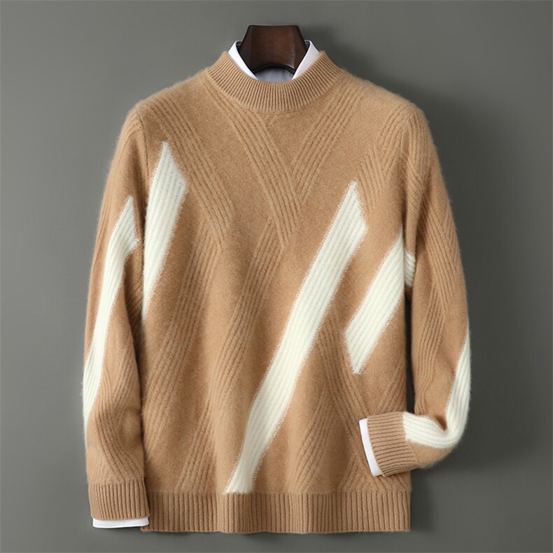 2025百搭时尚简约拼色抽条羊毛衫，男装羊毛衫，千国羊绒