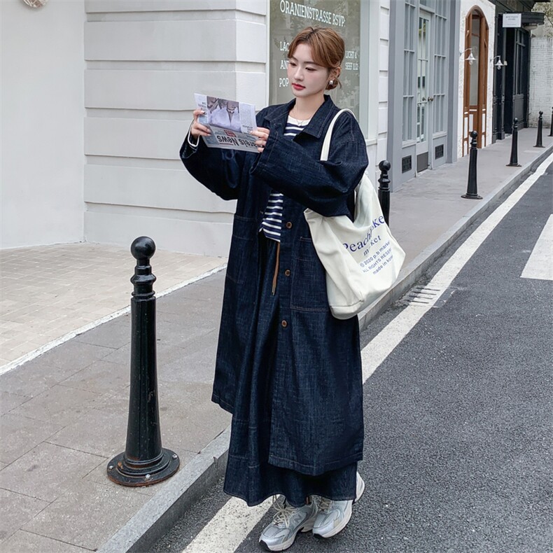 高级感单排扣设计感牛仔外套半身裙两件套女韩系气质时髦长款风衣,女装套装/套裙,2C112