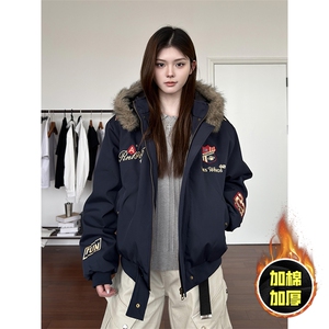 现货高品质美式高街重磅刺绣座山雕大毛毛领棉衣男女加厚棉服外套图片