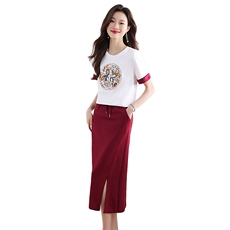 时尚潮流短袖圆领2024年夏季新款两件套复古刺绣减龄显瘦套装裙，女装套装/套裙，江南富贵女