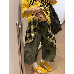 网图有货 美式做旧脏染工装短裤男女宽松阔腿褶皱七分裤 A493-P58图片