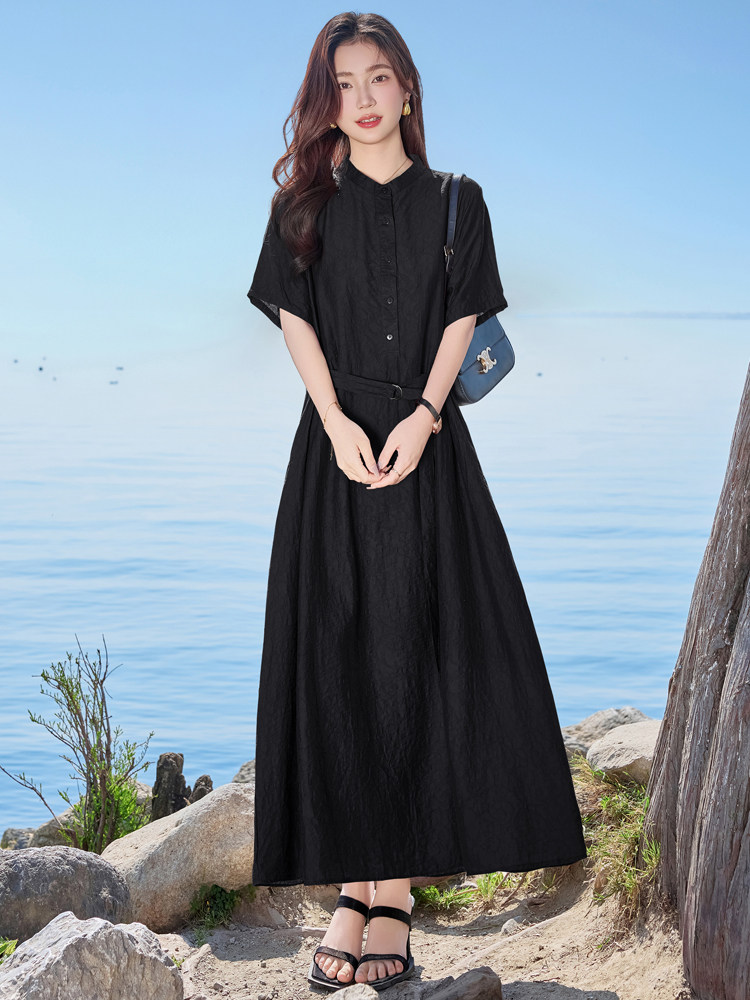 天丝连衣裙女夏季2025新款高端洋气时尚系带收腰显瘦气质复古裙子,女装连衣裙,缘衣格
