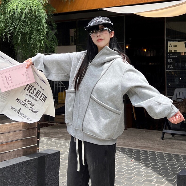 抖音得物高品质秋冬美式高街重磅结构辑明线纹理连帽卫衣外套W111,男装卫衣,电商A486