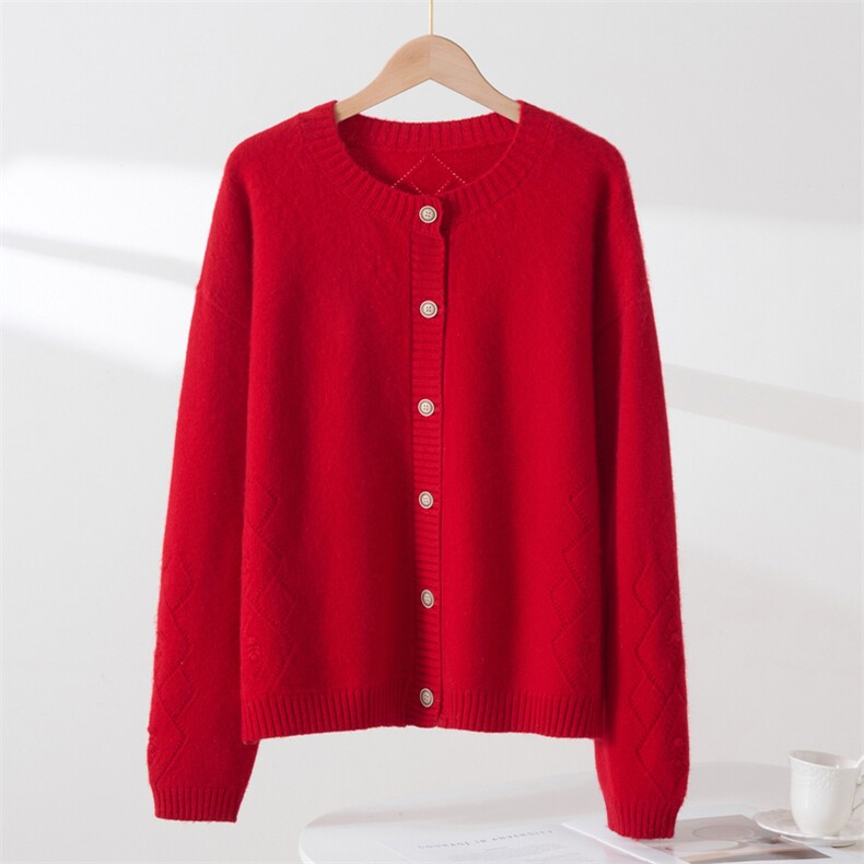 7针双股挑孔开衫，女装羊毛衫，西欧羊绒