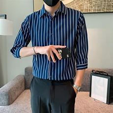 百搭衬衫标准简约ins条纹春季潮男原宿新款七分袖潮流C156-5，男装衬衫，星座1116A-2（原606A-1）