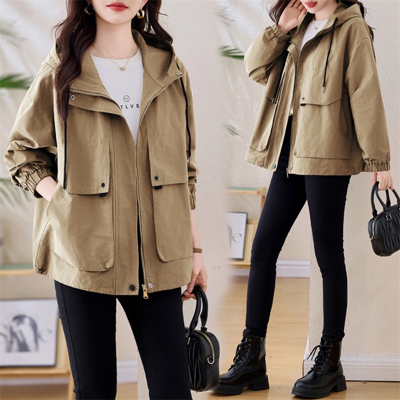 休闲连帽外套女2025春秋新款洋气中年妈妈宽松大码减龄夹克上衣潮，女装风衣，依万里