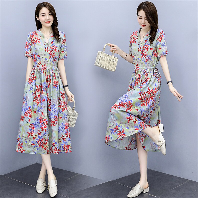 2021夏季时尚简约大方气质优雅性感领口收腰显瘦小印花连衣裙休闲，女装连衣裙，香水丽阁