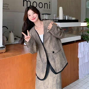 韩系高级感晕染套装女2025秋新款轻熟风优雅气质西服半身裙两件套图片