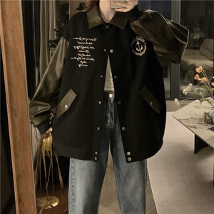 A393-P100 2024秋季拼接字母刺绣棒球服学院宽松外套百搭夹克图片