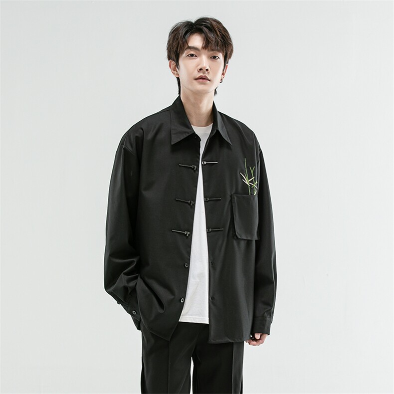 秋冬风新中式翠竹刺绣金属飞机扣宽松大码衬衫男女款31212,男装衬衫,星座305A（原312A-1）