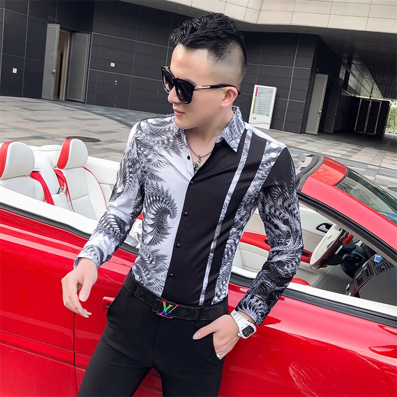 2021春秋衬衫社会男长袖上衣印花男装韩版修身四季潮流衬衣Q840-P55，男装衬衫，星座419（原A233）