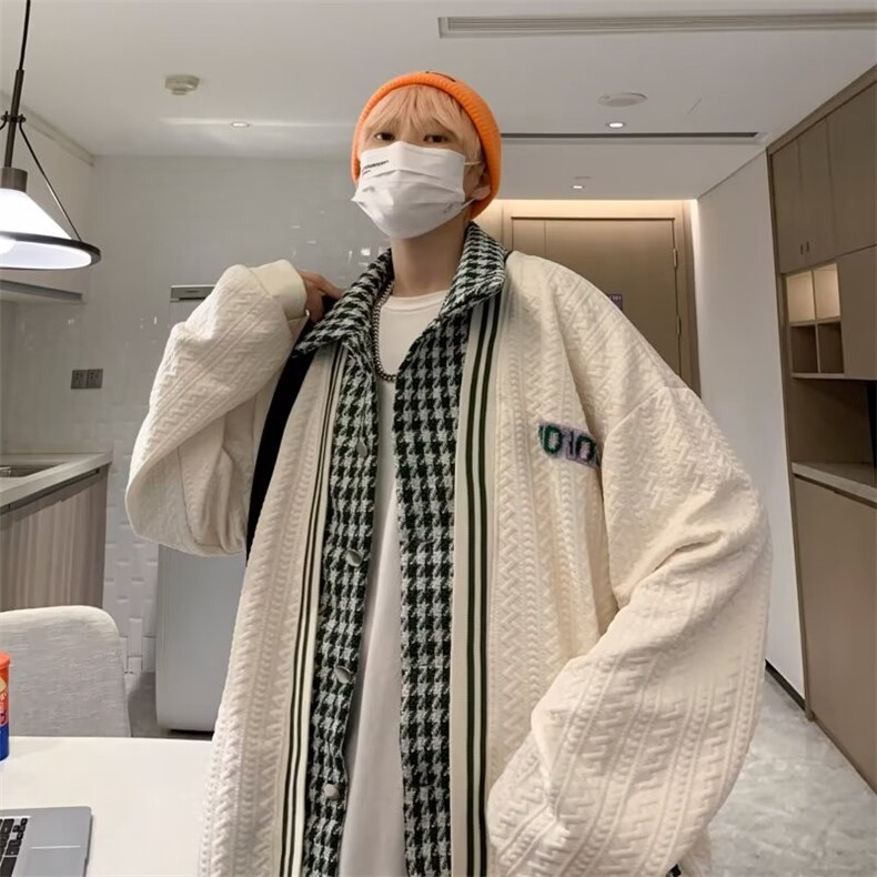 千鸟格开衫假两件外套男女棒球服宽松慵懒风秋季潮牌夹克9345-p60,男装夹克,星座1008-1