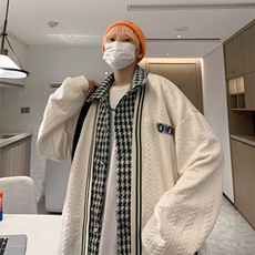 千鸟格开衫假两件外套男女棒球服宽松慵懒风秋季潮牌夹克9345-p60，男装夹克，星座1008-1