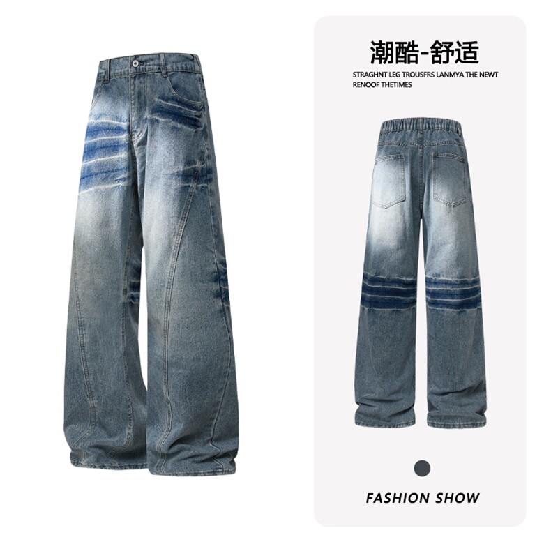 B221 美式ins高街重工艺斜切宽松微喇牛仔裤 LK25587-特P45控78图片