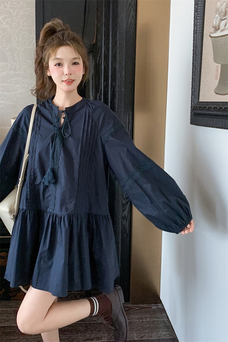 文艺风藏蓝色长袖连衣裙女夏2025超好看减龄独特漂亮松弛感小短裙,女装连衣裙,2C016