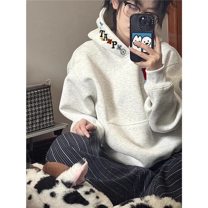 美式重磅加绒加厚刺绣初中生连帽卫衣男款新款宽松上衣WYZ06,男装卫衣,星座516A
