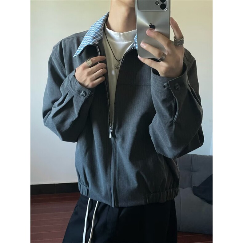 假两件格子翻领外套男秋冬季美式高街宽松潮流廓形休闲衬衣服外套,男装夹克,星座410-7