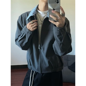 假两件格子翻领外套男秋冬季美式高街宽松潮流廓形休闲衬衣服外套