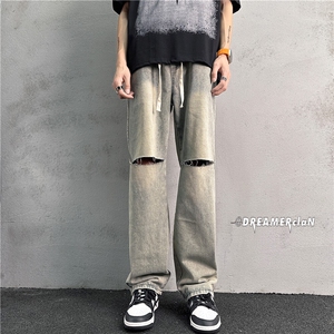 k1020-p55-控78 M-5XL 抖音美式高阶黑暗破洞拉链宽松大码牛仔裤图片