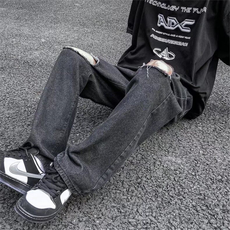 夏季潮流ins潮牌牛仔裤嘻哈街头磨破宽松破洞阔腿长裤男N0729-P40图片