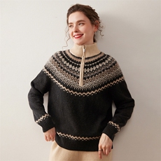 费尔岛提花100%山羊绒衫女宽松半拉链立领加厚毛衣2025秋冬针织衫，女装羊绒衫，绒盛美羊绒