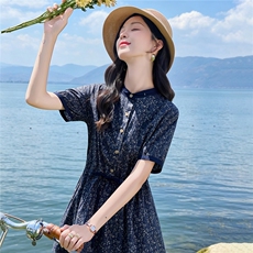 6801时尚气质印花抽绳连衣裙，女装连衣裙，倪叶myz