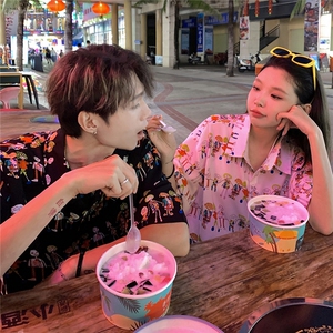 EQ411 夏威夷风可爱卡通夏季旅游度假沙滩情侣装衬衫男女短袖潮流图片
