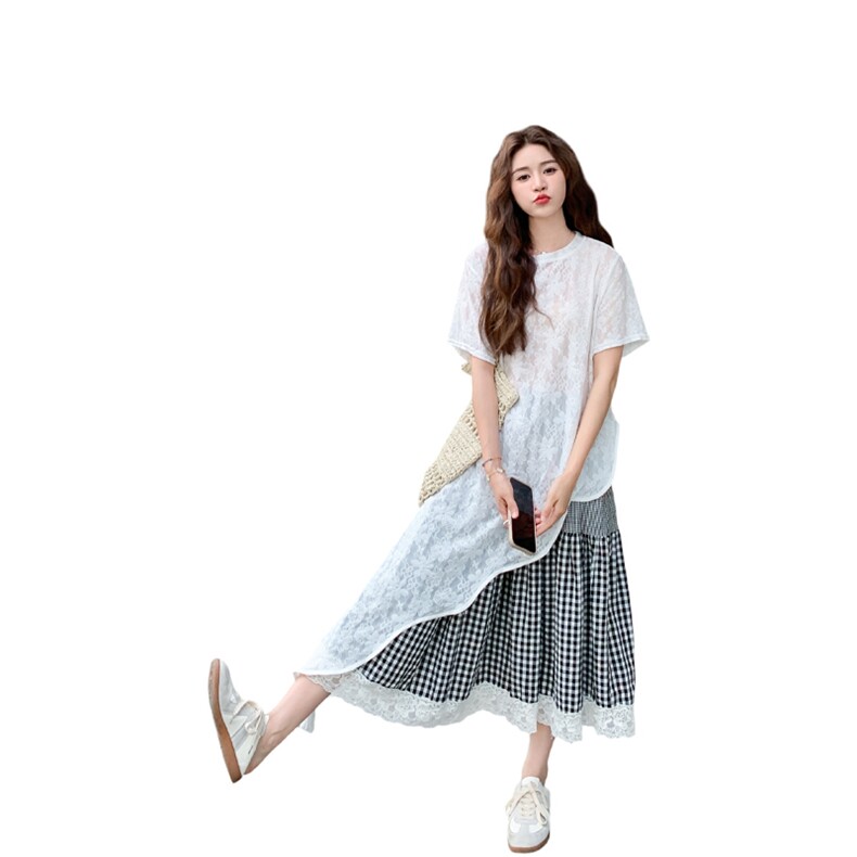 慵懒风绝美叠穿蕾丝连衣裙套装女夏季2025年新款格子半身裙两件套,女装套装/套裙,2C009