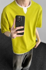 黑色潮牌短袖t恤男夏季圆领套头宽松男装半袖高级感带纽扣亨利领，男装T恤，星座914