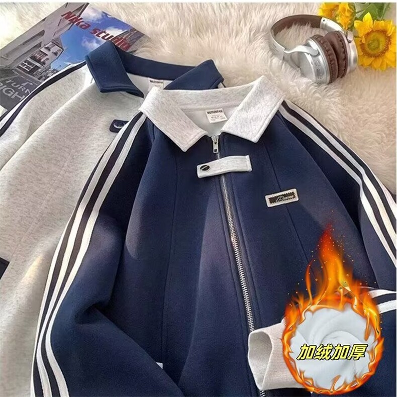 美式拼接运动夹克男生秋冬加绒三条杠开衫卫衣潮牌翻领棒球服外套图片