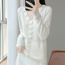 V领勾花毛衣女100纯羊毛衫2025秋冬新款宽松慵懒风针织打底上衣，女装针织衫/毛衣，江南羊绒