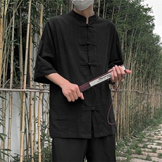 现货新中式亚麻短袖风棉麻中华立领盘扣衬衣MT8515-P38控58，男装T恤，星座205-5