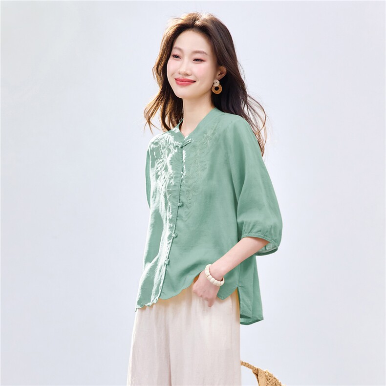 长期现货2026苎麻刺绣天丝上衣女夏季薄款中袖衬衫中老年妈妈T恤,女装衬衫,璐依舞