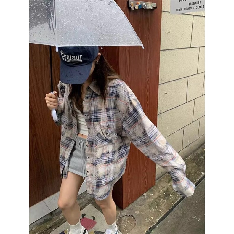 复古格子长袖衬衫外套女装秋季中长款宽松百搭休闲防晒上衣CE08图片