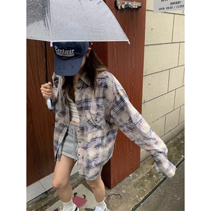 复古格子长袖衬衫外套女装秋季中长款宽松百搭休闲防晒上衣CE08图片