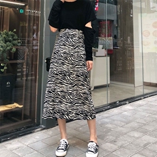 高腰开叉斑马纹a字半身裙女中长款2021年秋季新款侧开衩包臀裙子，女装半身裙，潮品会