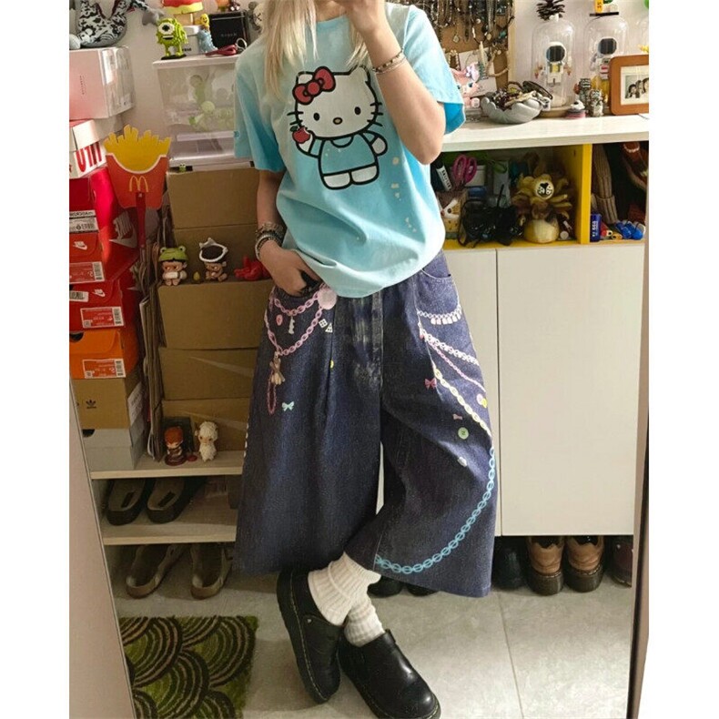 美式复古3D链条印花七分牛仔裤夏季高街设计感宽松显瘦阔腿短裤,男装牛仔裤,星座601-1