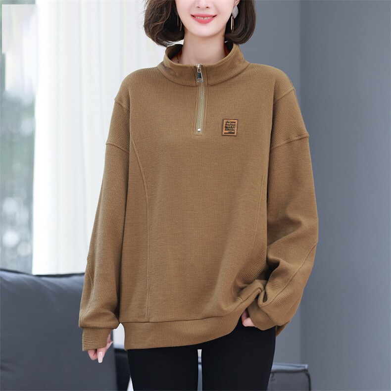 2023春装新款纯色卫衣女韩版宽松中长款立领气质休闲简约上衣图片