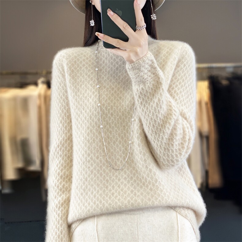 重工镂空钩花半高领女长袖针织衫毛衣宽松羊绒打底衫,女装羊毛衫,大美人高端店