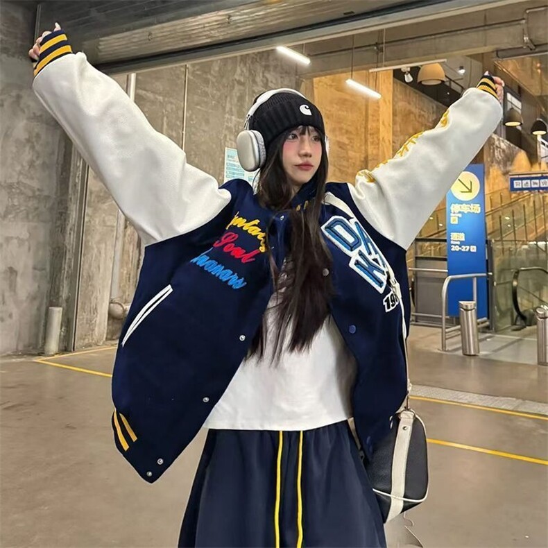 美式字母复古刺绣潮棒球服女外套2025春季新款百搭宽松复古夹克图片