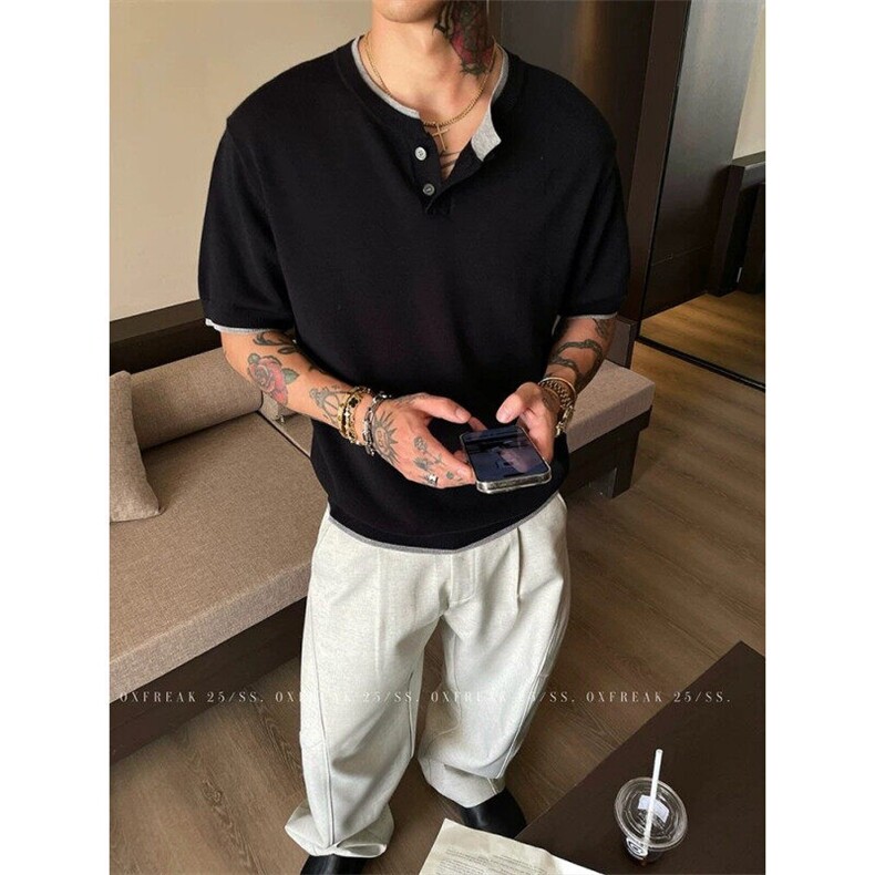 亨利领假两件针织衫短袖宽松老钱风冰丝T恤T65-P40,男装T恤,星座1212