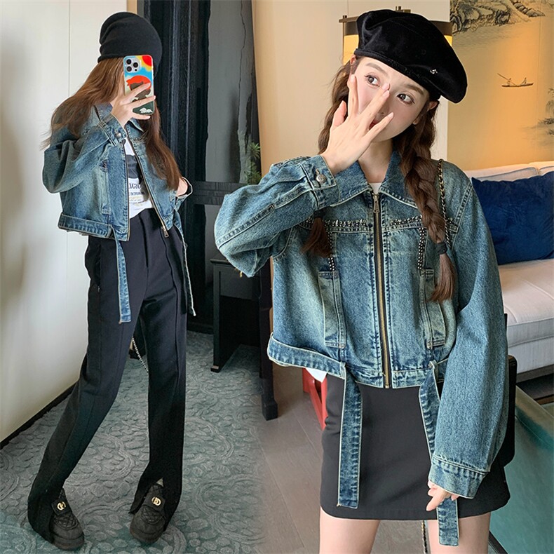 港味酷飒风男友控牛仔夹克女春秋新款韩版小个子美式显瘦短款外套，女装牛仔外套，纯色衣恋