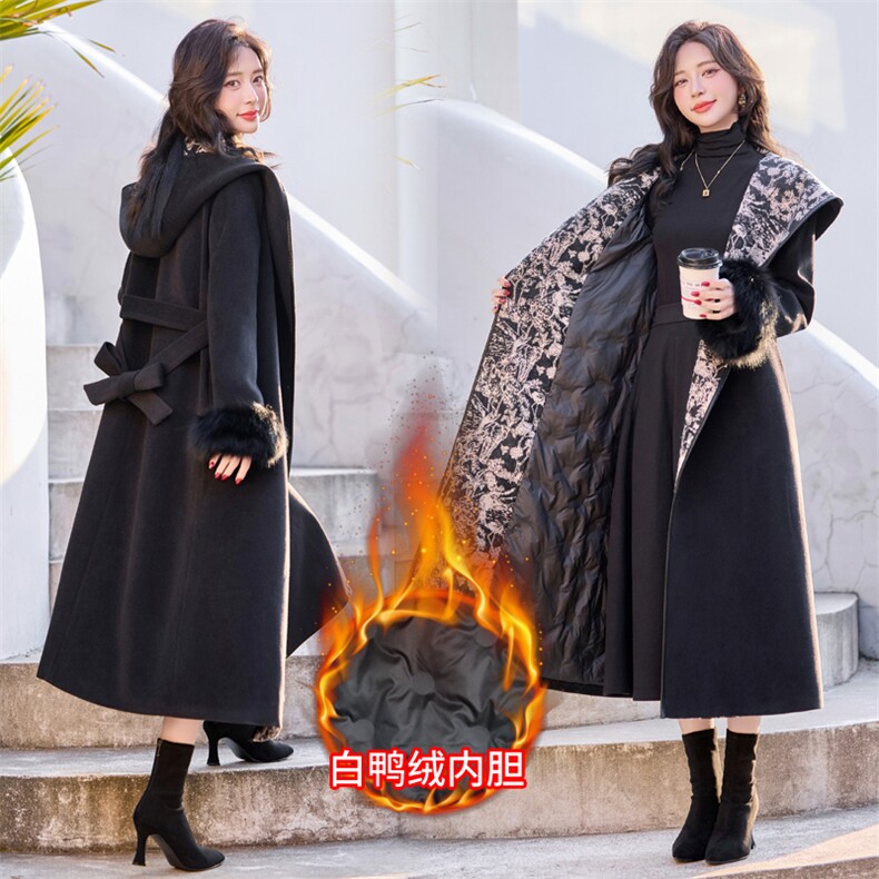 【bao款现货】2024新款冬装连帽水墨气质长款毛呢外套羽绒服鸭绒图片