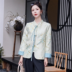 清冷风竹叶印花复古短外套女新中式立领流苏盘扣改良气质上衣，女装短外套，水衣源