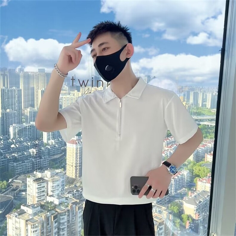 半拉链短袖t恤男polo衫夏季痞帅上衣2024新款高级感半袖 T215图片