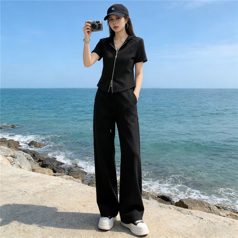 女夏季高级感休闲运动套装蕾丝连帽拉链开衫短袖卫衣阔腿裤两件套,女装套装/套裙,江南