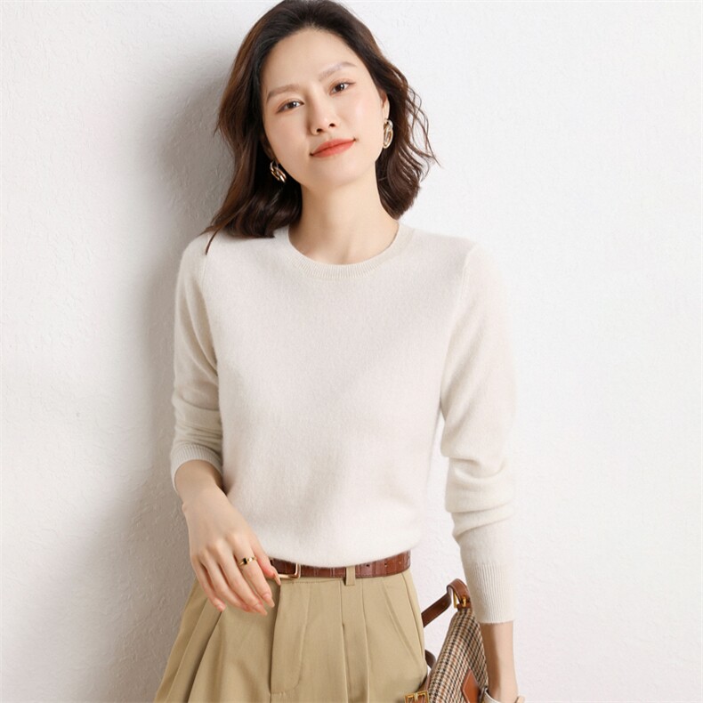 春秋新款纯山羊绒衫女圆领宽松套头毛衣内搭软糯打底针织衫,女装羊绒衫,纳丰羊绒