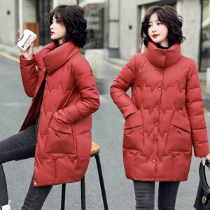 中长款羽绒棉衣棉服外套女冬季2024新款韩版宽松红色立领加厚棉袄图片